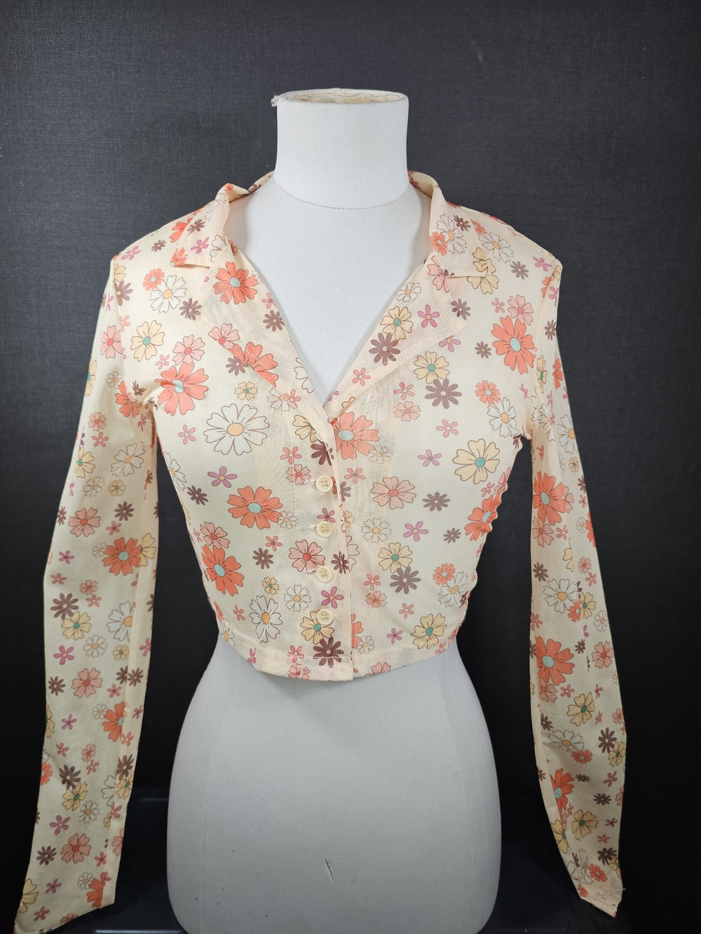 Cropped Floral Button-Front Shirt - Cream & Orange